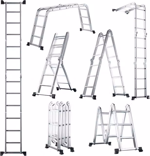 Scala pieghevole multifunzionale 7 in 1 in alluminio argento con piedini antiscivolo, H: 371 cm, L: 61 cm, P: 15 cm