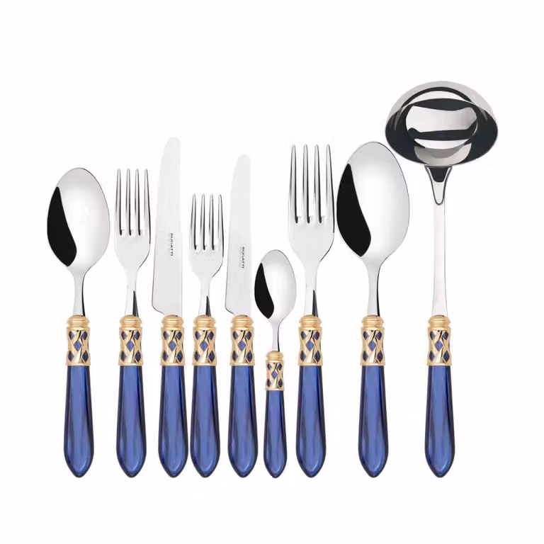 Set di posate ALADDIN da 75 pezzi in acciaio inossidabile con ghiera dorata e scatola in legno Wengè, colore blu