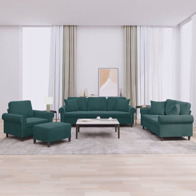 Set di divani vidaXL 4 pezzi in velluto verde con cuscini e pouf per soggiorno