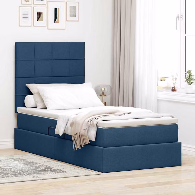 Letto con contenitore e materasso vidaXL in tessuto blu, L 100 x P 200 cm, con base a sollevamento e struttura in metallo