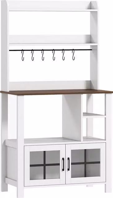 Credenza da cucina HOMCOM bianca con 2 ante in vetro, 6 ganci per tazze e ripiani aperti, L 80 x P 40 x H 152 cm