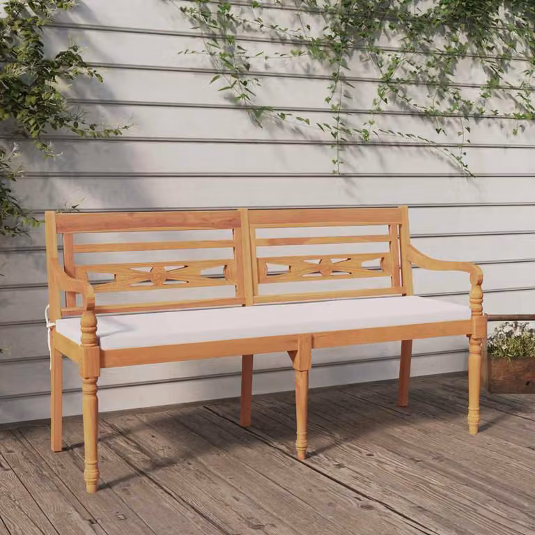 Panchina Batavia vidaXL in legno massello di teak con cuscini, colore marrone e bianco, L: 150 cm