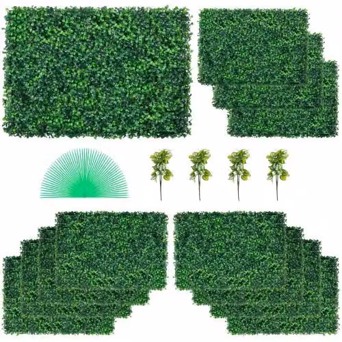 Set di 12 pannelli di siepe artificiale in bosso Vevor, colore verde, effetto realistico in plastica, L: 61 cm, P: 40,6 cm, Spessore: 4 cm