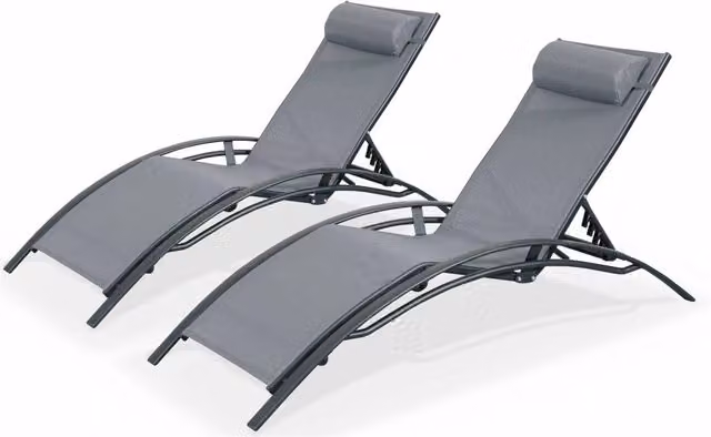 Set di 2 lettini prendisole Sweeek in alluminio verniciato e textilene grigio con poggiatesta regolabile e schienale multiposizione per giardino e terrazza