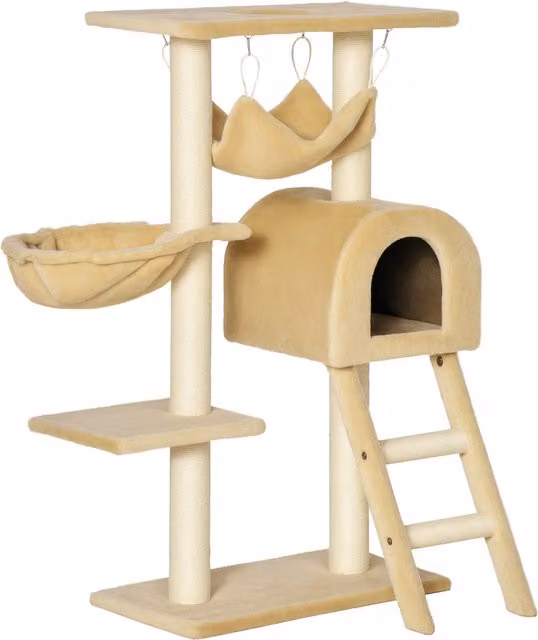 Albero Tiragraffi per Gatti Aosom con Amaca e Casetta, Beige, Altezza: 98 cm