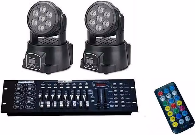 Set di 2 Proiettori LED RGBW Testa Mobile Rotante LINXI con 7 LED Wash, Controllo DMX 192CH ed Effetti Multicolore, Colore Nero
