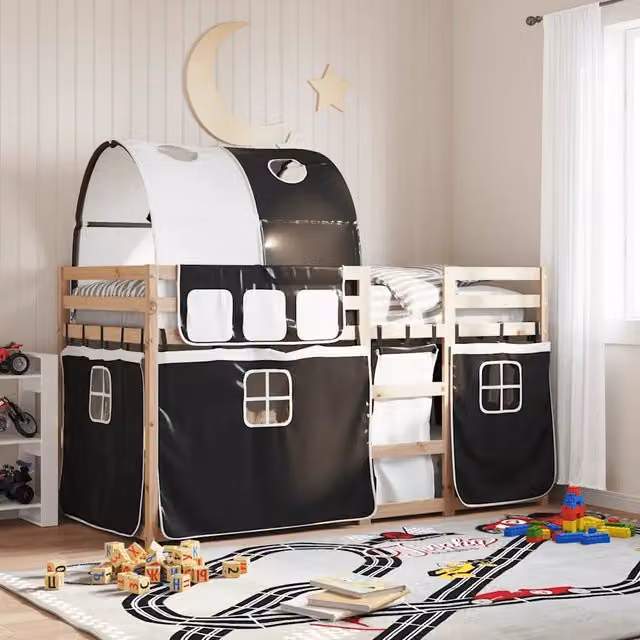 vidaXL Letto a Castello per Bambini in Legno di Pino Bianco e Nero L/P/H: 195.5 x 90 x 151 cm