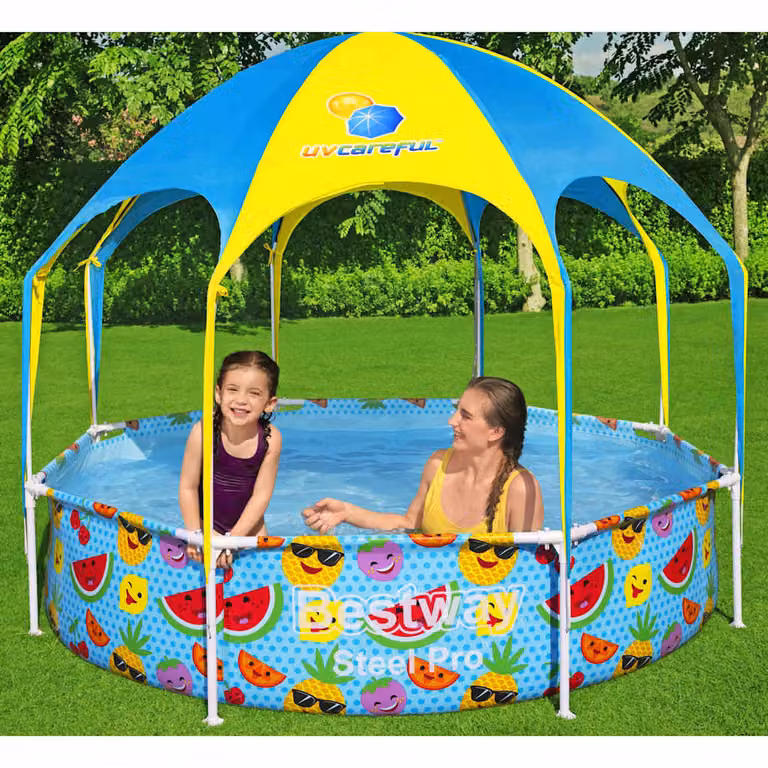 Piscina fuori terra per bambini Bestway Steel Pro UV Careful multicolore con canopy, Diametro: 244 cm, Altezza: 51 cm