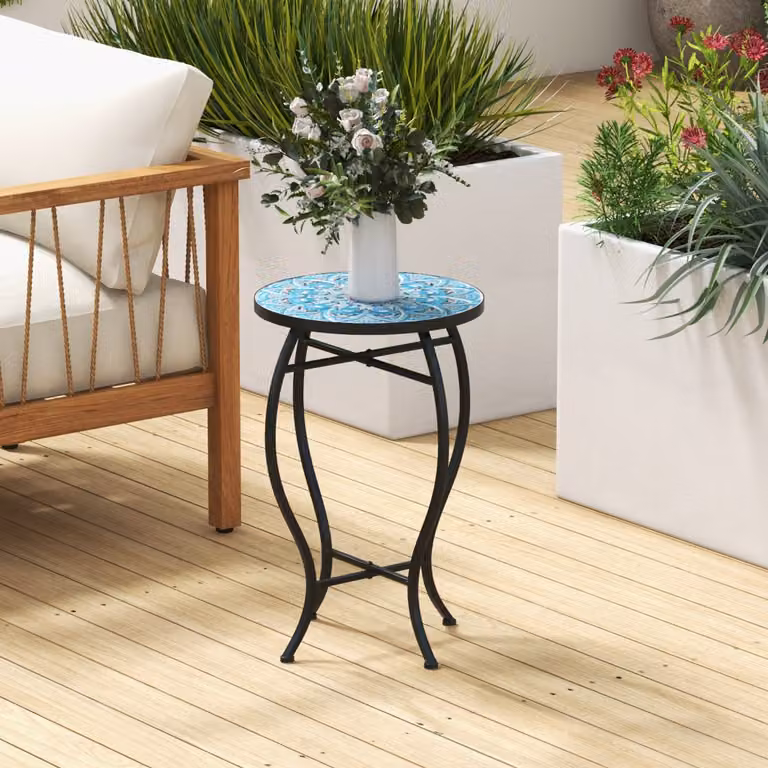 Tavolino laterale rotondo Costway per giardino e terrazzo con piano in ceramica blu e decoro mosaico mediterraneo, Diametro: 35 cm