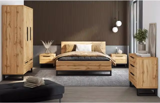 Set camera completa stile industriale MEUBLORAMA collezione MILOS in rovere e nero con armadio a 3 porte, letto 180x200 cm, cassettiera e comodini