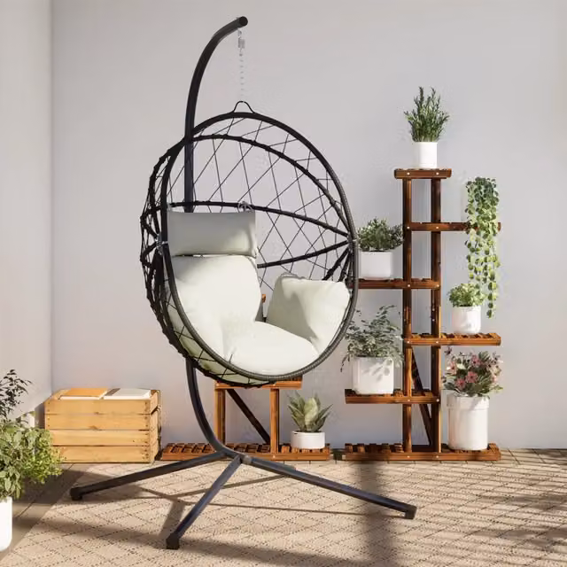 Sedia a uovo sospesa con supporto vidaXL in rattan e acciaio beige con cuscini inclusi