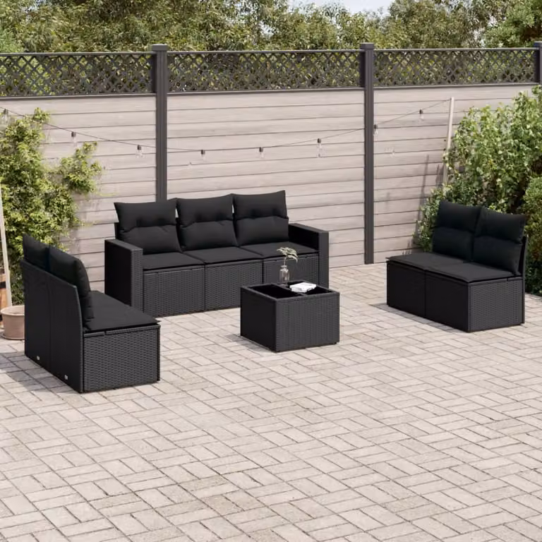 vidaXL Set Divani da Giardino a Forma di U in Polyrattan Nero con 8 Cuscini e Tavolino da Esterno