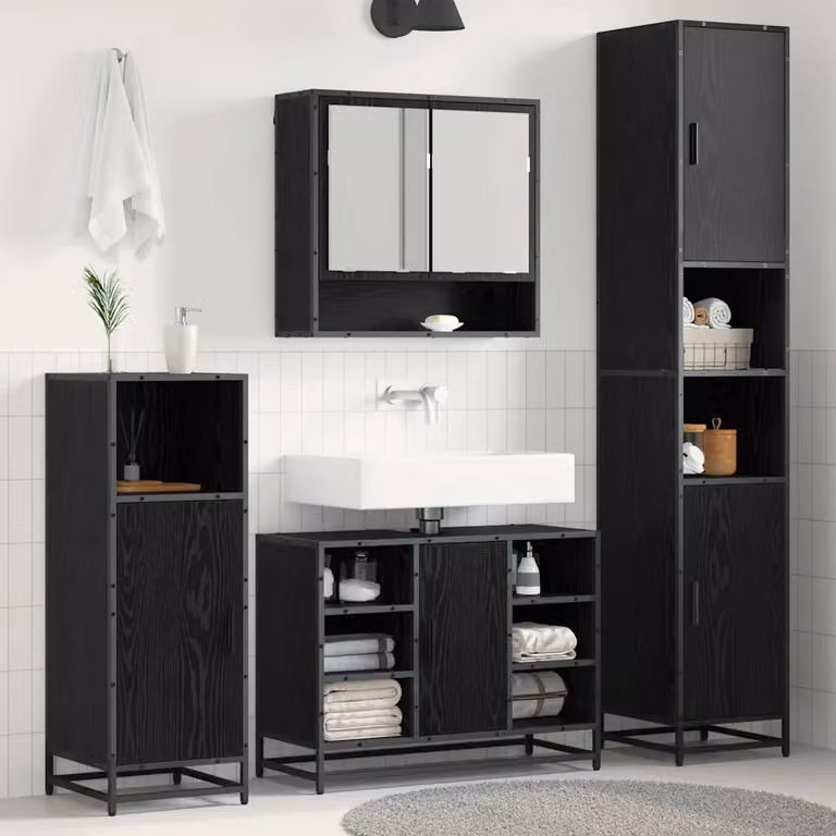 Set di mobili per il bagno moderno vidaXL 4 pezzi in rovere e nero con armadietto a specchio, mobile lavabo, mobile laterale e colonna alta
