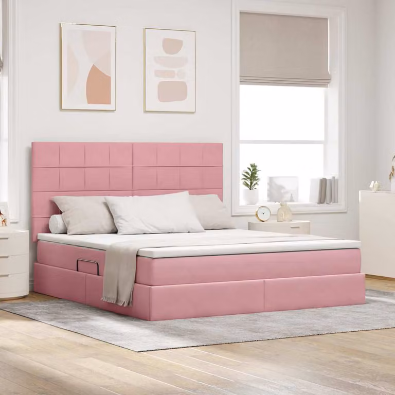 Letto con contenitore e materasso vidaXL in velluto rosa L 180 cm x P 200 cm con base a sollevamento e illuminazione sottostante
