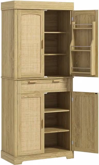 Credenza Cucina Boho HOMCOM in Legno e Rattan con Armadietti e Cassetti, Colore Rovere, L: 76 cm, P: 40 cm, H: 183 cm