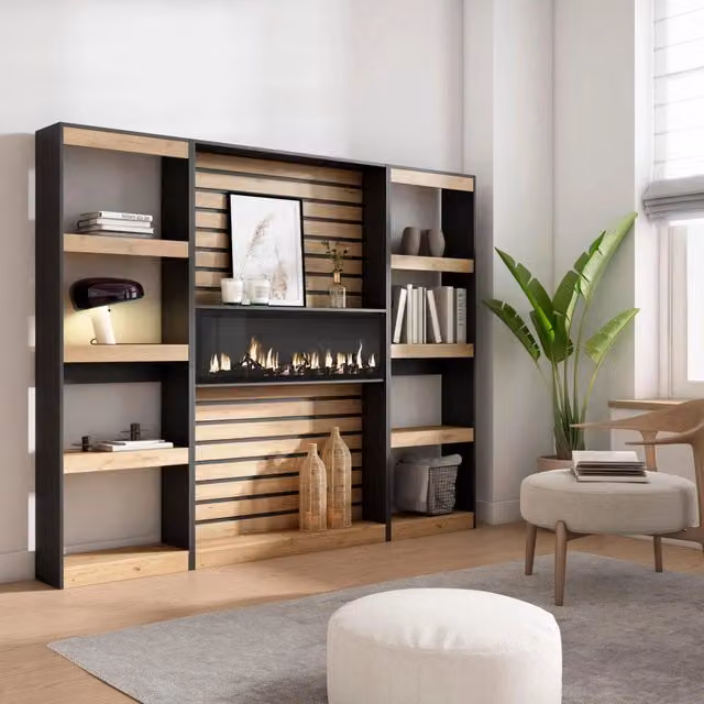 Libreria scaffale con camino elettrico SKRAUT HOME per soggiorno o ufficio, colore rovere e nero, L: 230 cm, P: 25 cm, H: 186 cm