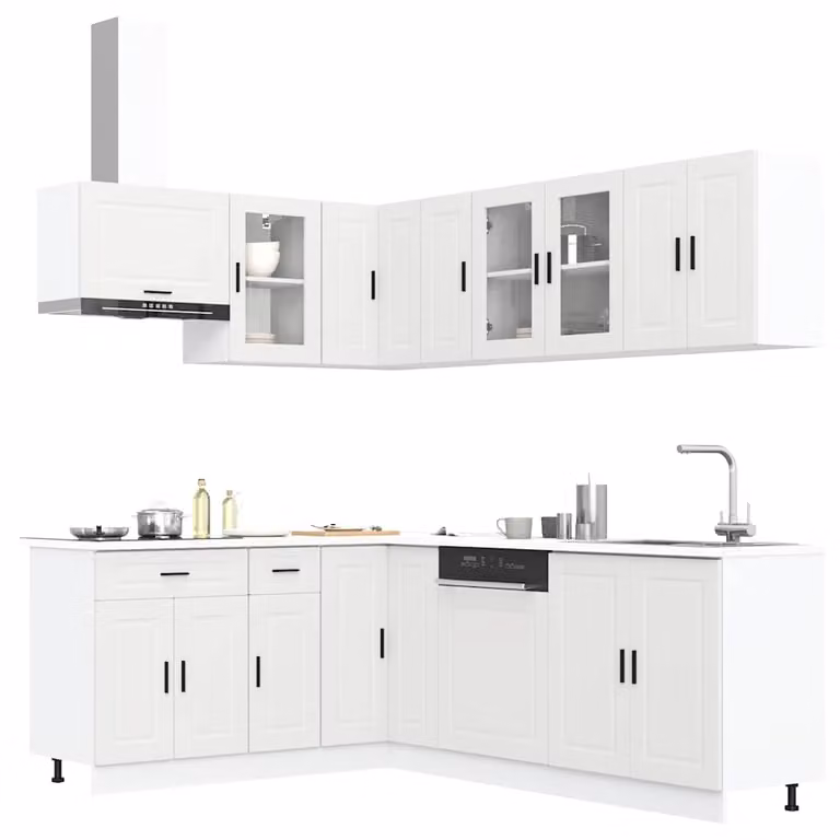 Set di mobili da cucina moderno vidaXL composto da 11 pezzi in legno e vetro, colore bianco opaco