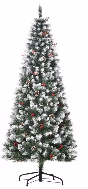 Albero di Natale artificiale innevato con bacche rosse e pigne bianche Aosom, colore bianco e verde, H 180 cm, Φ 65 cm