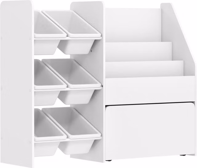 Scaffale Portagiochi AIYAPLAY con 6 Cesti e 3 Ripiani, in Legno, Plastica e Acciaio, Bianco, L 100 x P 30 x H 80 cm