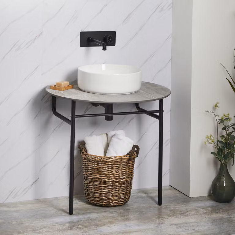 Consolle Nitido per bagno nera con lavabo rotondo da 395 mm e ripiano grigio pietra