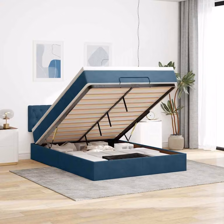 vidaXL Struttura Letto con Materasso e Pouf in Velluto Blu con Base a Sollevamento, Luci Sotto il Letto e Porte USB, L: 144 cm, P: 193 cm, H: 88 cm