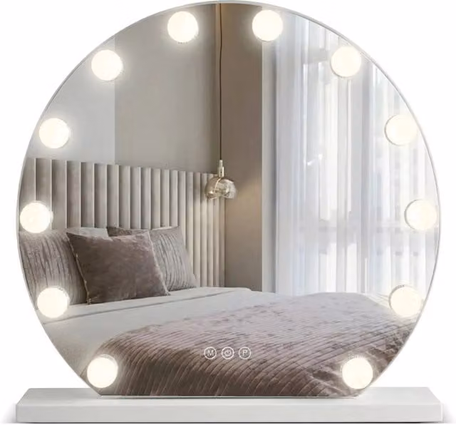 Specchio Hollywood REA da tavolo con LED bianco, rotondo, con interruttore touch e regolabile in luminosità, Diametro: 50 cm