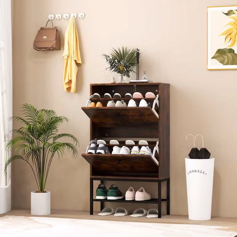 Costway Armadio per scarpe moderno con 2 cassetti a ribalta e ripiani interni regolabili, Organizzatore in legno marrone per ingresso