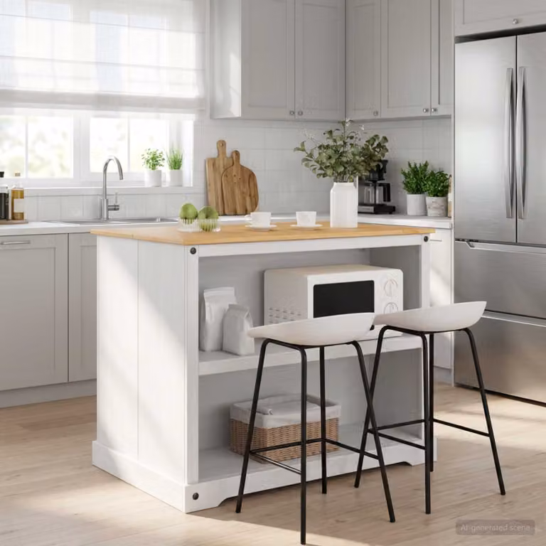 Set isola da cucina moderna vidaXL in legno di pino, Bianco e Cera di Miele, L: 112 cm, P: 77 cm, H: 91,5 cm