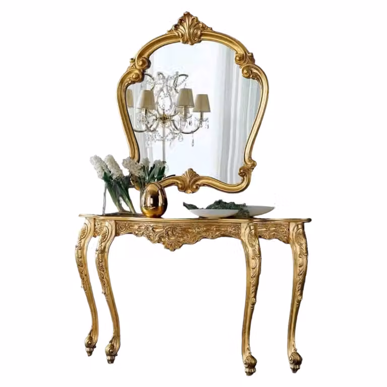 Consolle barocca con specchio in foglia oro Mobili 2G L: 145 cm, P: 39 cm, H: 86 cm