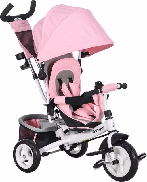 Triciclo per bambini HOMCOM con maniglione e tettuccio regolabile, Bianco e Rosa, H 102 x L 49 x P 102 cm