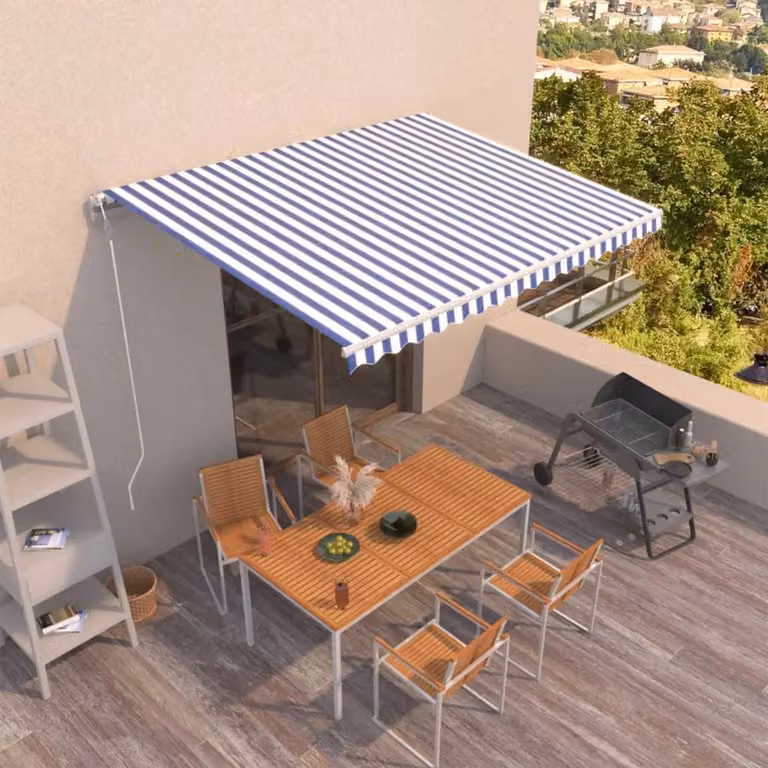 Tenda da Sole Retrattile Automatica vidaXL con Telecomando in Alluminio e Poliestere, Blu e Bianca, L: 400 cm, P: 350 cm