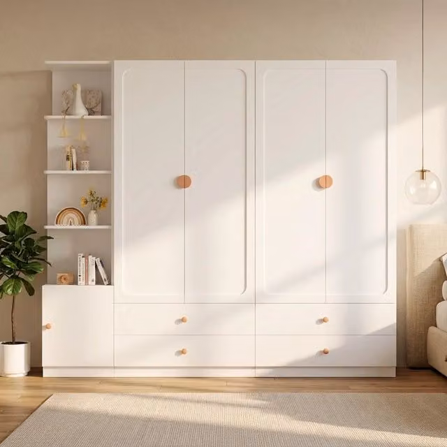 Armadio moderno bianco con ante a battente, cassetti integrati e appendiabiti L/P/H: 225 x 45 x 200 cm