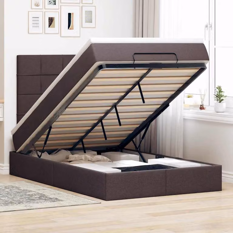 Letto moderno vidaXL con materasso e contenitore contenitore lift-up in tessuto marrone e bianco, L/P/H: 200 x 120 x 28 cm