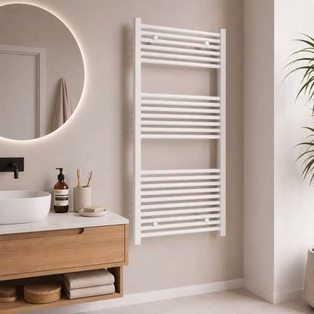 Termoarredo scaldasalviette tubolare tondo OGOMONDO in acciaio bianco opaco, H 120 cm x L 60 cm x P 55 cm