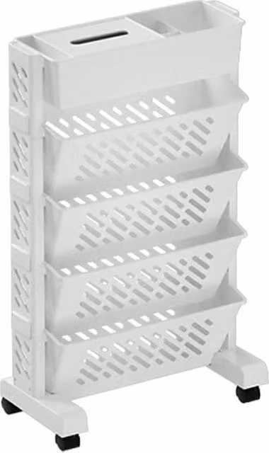 Scaffale porta libri mobile a 5 livelli con ripiani rotanti e rimovibili in plastica bianca