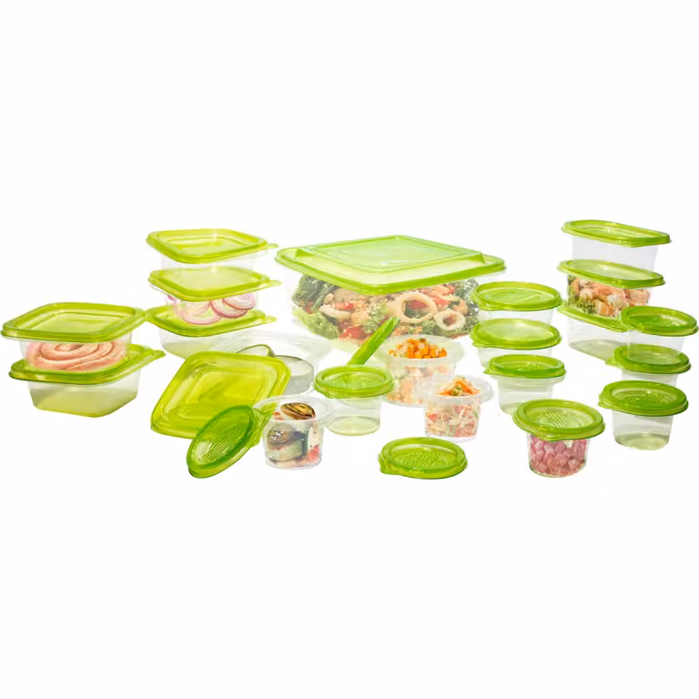 Set di 21 contenitori per alimenti con coperchio ermetico GUSTO CASA in plastica trasparente e verde per organizzazione cucina