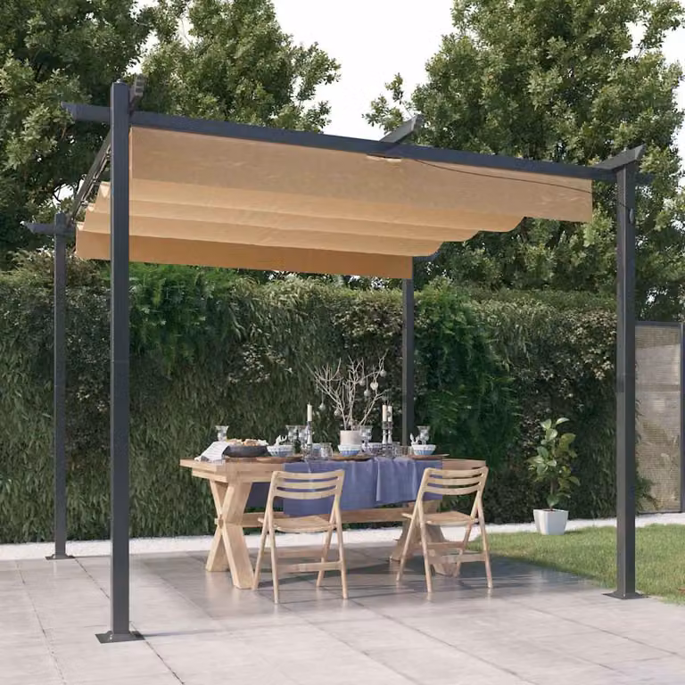 Pergola da Giardino con Tetto Retrattile vidaXL in Acciaio e Poliestere, L: 300 cm, P: 300 cm, H: 220 cm, Colore Beige/Grigio