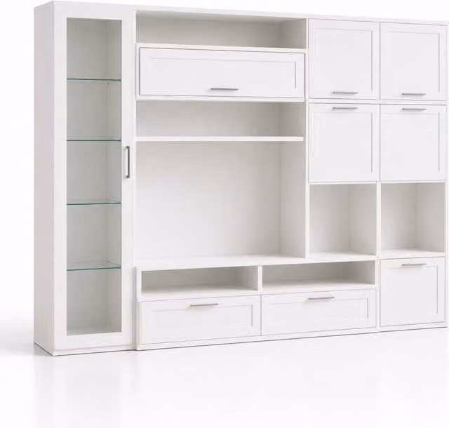 Parete Attrezzata Arreditaly per Soggiorno con Vetrina, 6 Ante Battenti e 3 Ribalte, Mobile Porta TV Moderno Bianco, L 300 x P 50 x H 215 cm