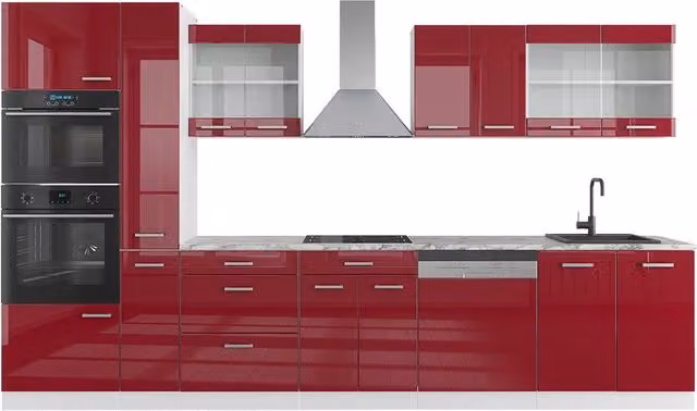Cucina componibile moderna Vicco R-Line in rosso lucido e bianco con armadio alto, larghezza: 350 cm