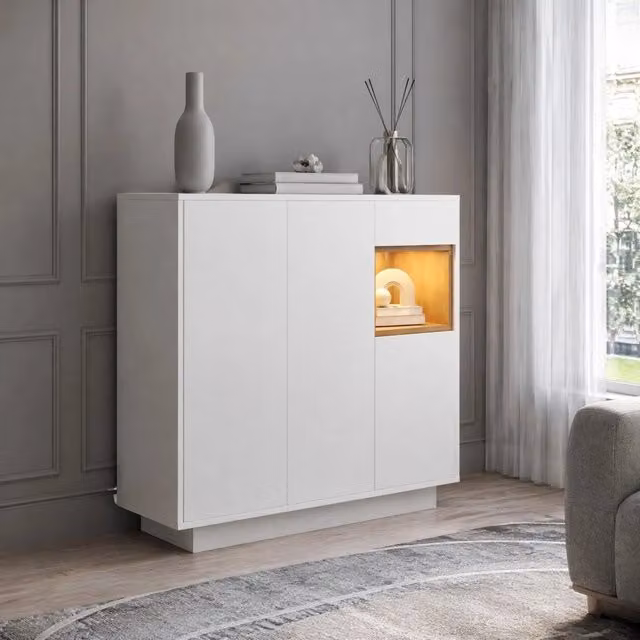 Scarpiera moderna bianca con illuminazione integrata e ante soft-close, L: 105 cm, H: 100,5 cm, P: 39,5 cm