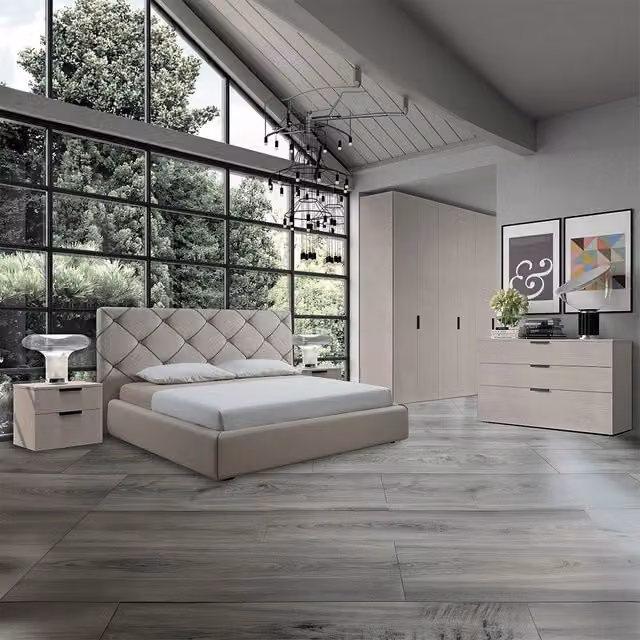 Set completo camera da letto Lulu in legno color canapa frassinato con maniglie antracite e base con contenitore a sollevamento
