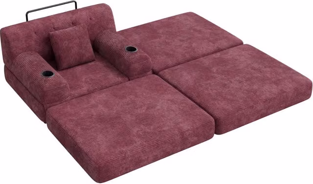 Poltrona letto Chicfurn singola in velluto a coste rosso vino con schienale alto, tasche laterali e portabicchieri, struttura in metallo L: 81 cm, P: 107 cm, H: 162 cm