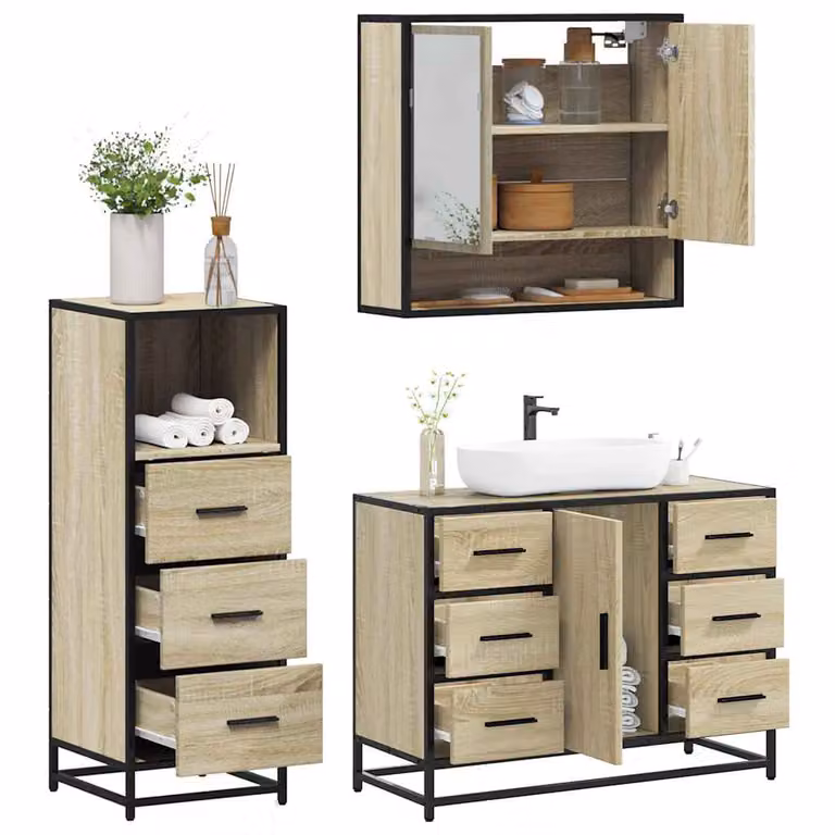 Set di mobili da bagno 3 pezzi vidaXL in stile industriale color rovere con specchio e mobile lavabo L/P/H: 80 x 60 x 33 cm