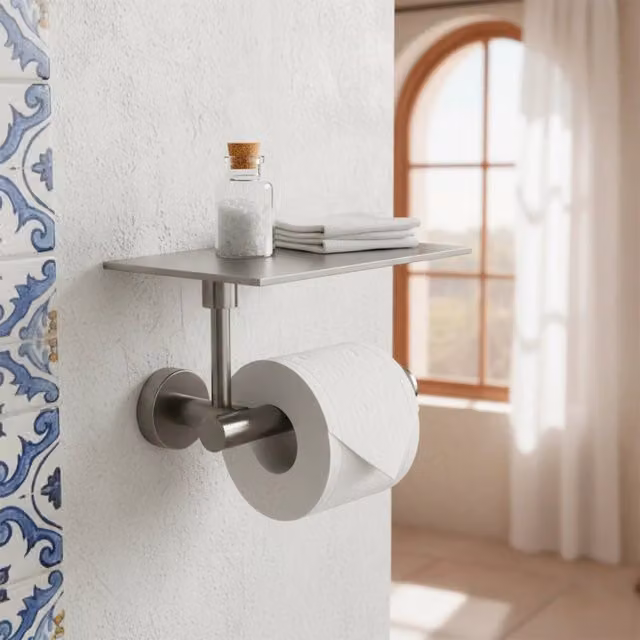 Portarotolo per carta igienica SINED in acciaio inox satinato, modello PORTA-ROTOLO-APPOGGIO-LEVANTE-CANNA-FUCILE, da appendere al muro, disponibile in nero o argento
