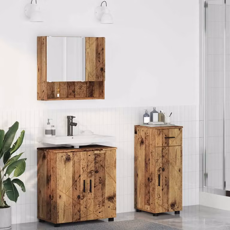 Set di mobili per il bagno moderno vidaXL in legno e metallo marrone, composto da 3 pezzi con mobile lavabo e armadietto con specchio, L/P/H: 61 x 35 x 64 cm