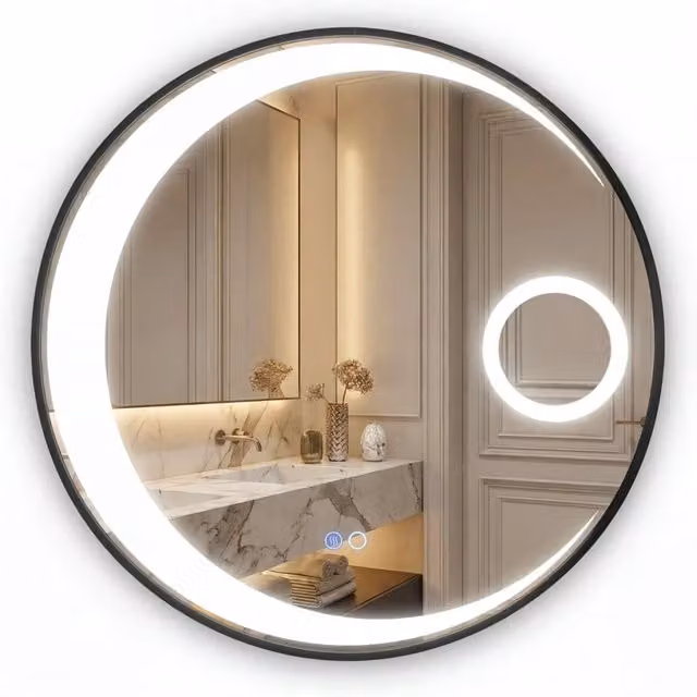 Specchio da bagno rotondo moderno con luce LED dimmerabile e funzione antiappannamento, colore nero, Diametro: 61 cm, Profondità: 3,5 cm