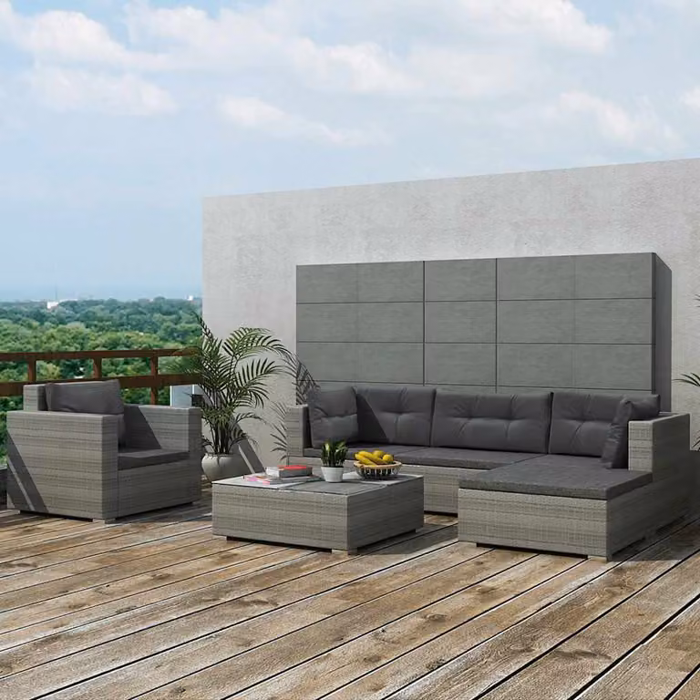 Set di divani da giardino vidaXL in rattan grigio con cuscini e tavolino, 6 pezzi