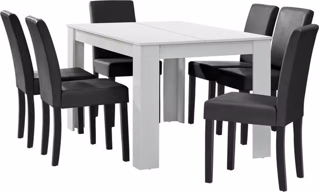 Set da pranzo en.casa composto da tavolo rettangolare e 6 sedie in similpelle, colori bianco e grigio scuro, L: 140 cm, P: 90 cm