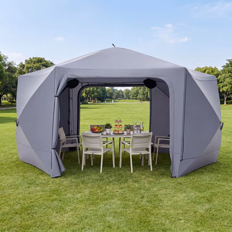 Gazebo da giardino pieghevole Costway grigio con pareti a zanzariera, finestre e porte, tenda esagonale impermeabile in acciaio e poliestere per 10-12 persone