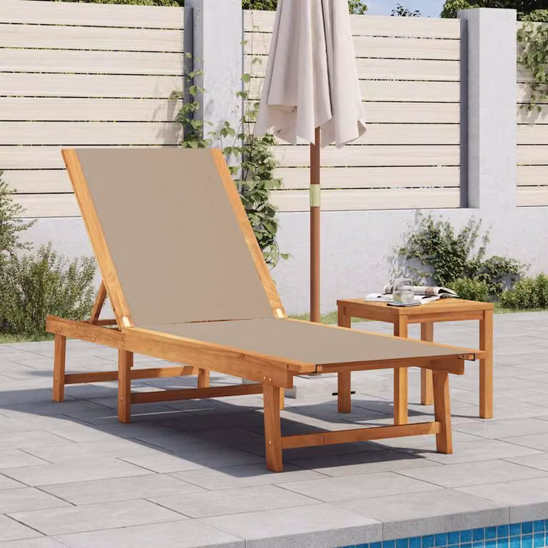vidaXL Lettino Prendisole con Tavolo in Legno di Acacia Massello e Textilene, Colore Tortora e Beige, L/P/H: 200 x 66 x 98 cm